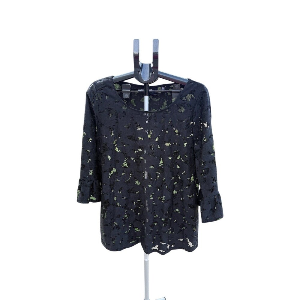 Rafaella Blouse Womens Size M Black Floral Lace Overlay 3/4 Sleeve Scoop